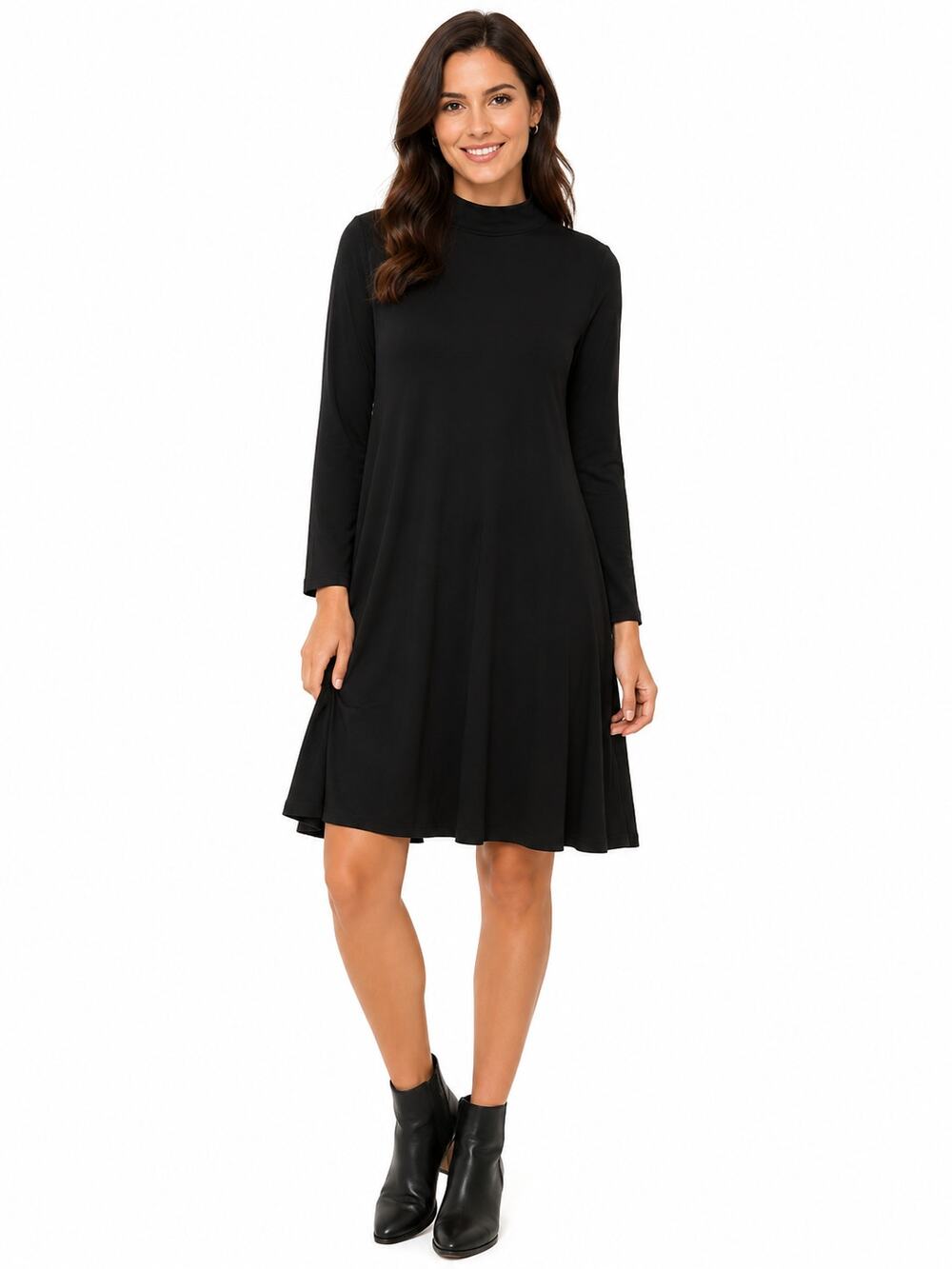 Susan Graver Women’s M Black Mock Neck Swing Dress 3/4 Sleeve A-Line NWOT
